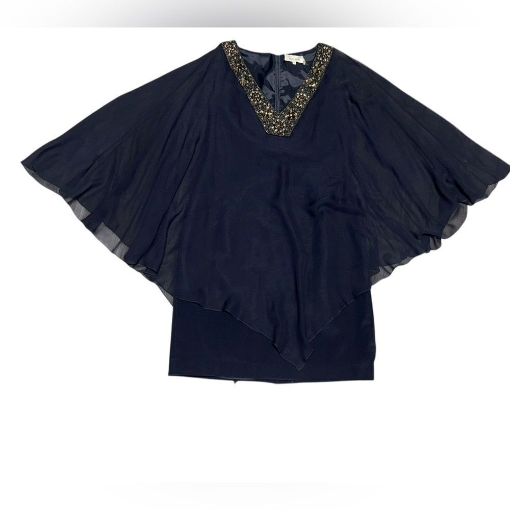 TERI JON SILK drape chiffon embellished v neckline mini navy blue dress sz 12